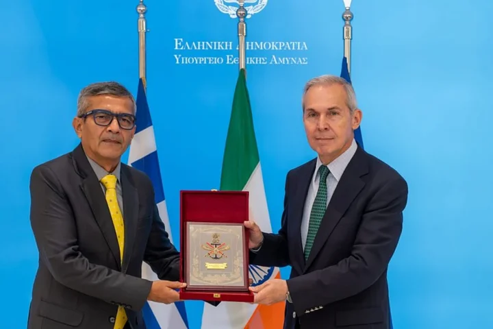 Greek Deputy Defence Minister Thanasis Davakis with Indian Defence Secretary Rajesh Kumar Singh at the Ministry of National Defence in Athens
