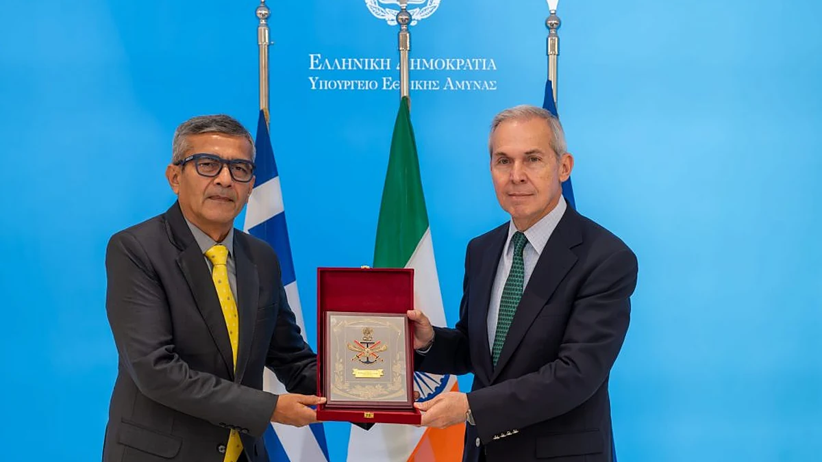 Greek Deputy Defence Minister Thanasis Davakis with Indian Defence Secretary Rajesh Kumar Singh at the Ministry of National Defence in Athens