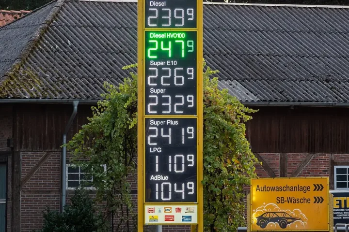 Price board at a filling station in Edewecht, Germany, showing diesel at 2.399 euros per litre on September 27, 2026