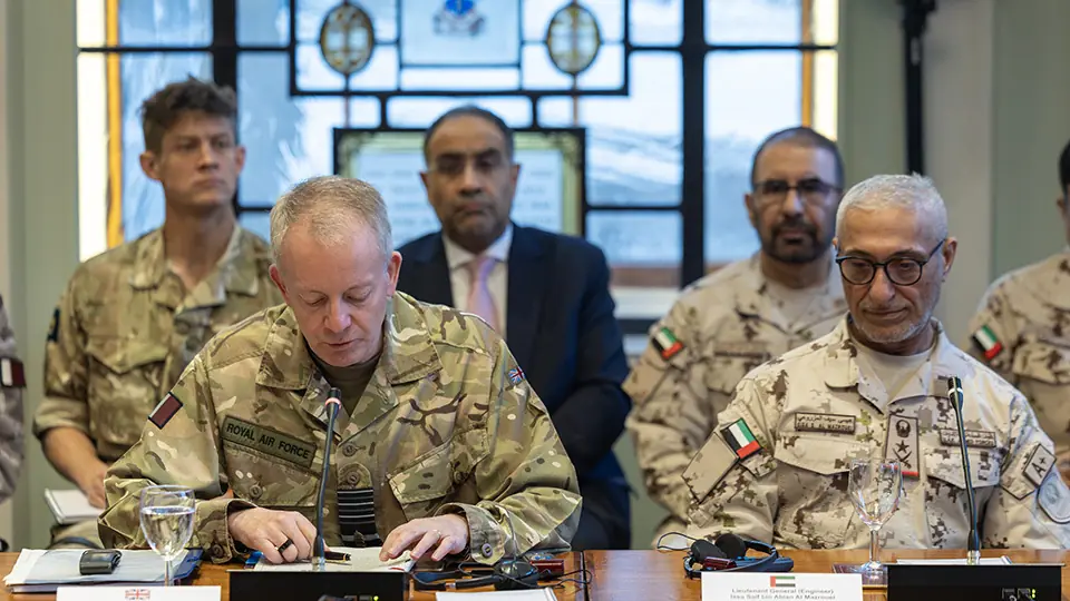 Air Chief Marshal Sir Richard Knighton and a Gulf defence chief seated at the table during the Dragon Group meeting in London
