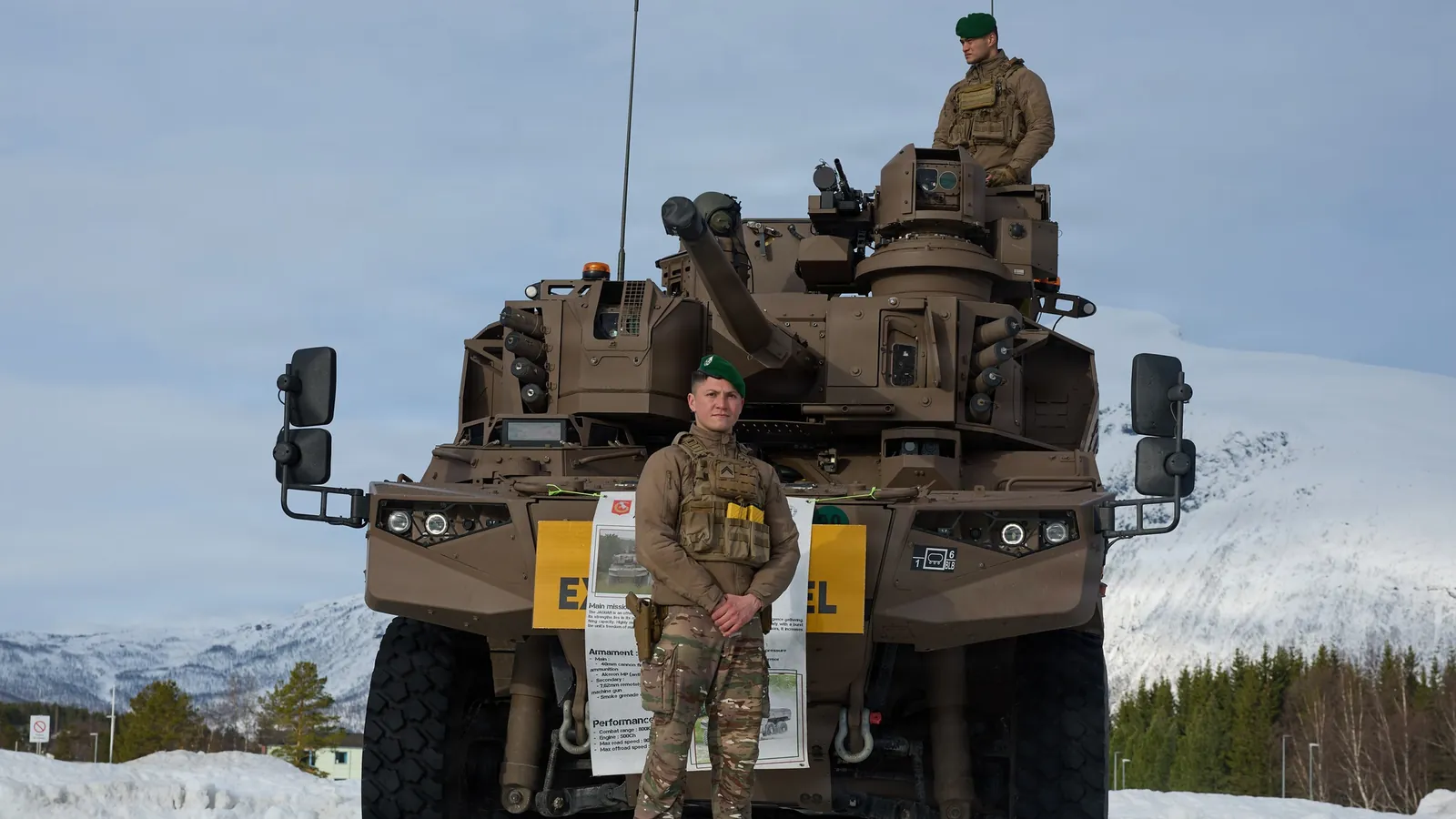 French Army legionnaires with an EBRC Jaguar at Setermoen, Norway, during Cold Response 26