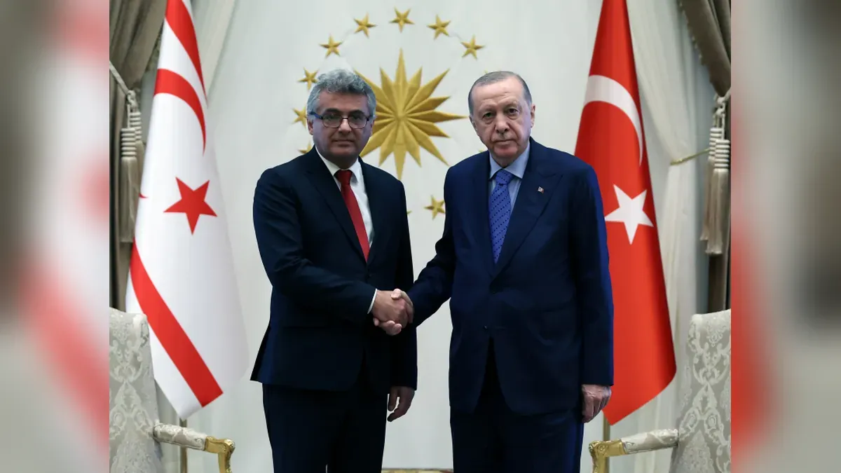 Recep Tayyip Erdoğan shakes hands with Tufan Erhürman at the Presidential Complex in Ankara