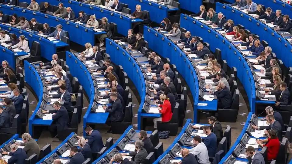 The hemicycle of the European Parliament in Strasbourg during a plenary session