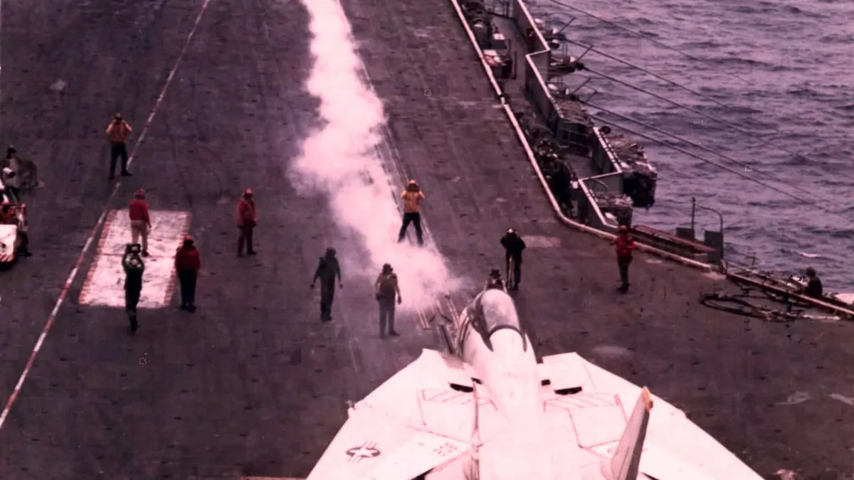 An F-14A Tomcat of VF-2 preparing to launch from USS Enterprise