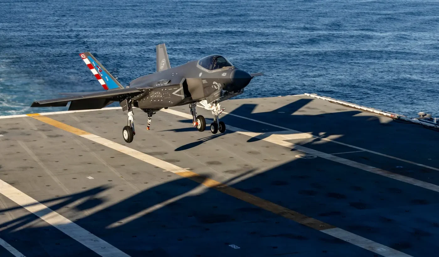 An F-35C Lightning II of test squadron VX-23 making the first F-35C landing on the aircraft carrier John F. Kennedy (CVN 79) in the Atlantic