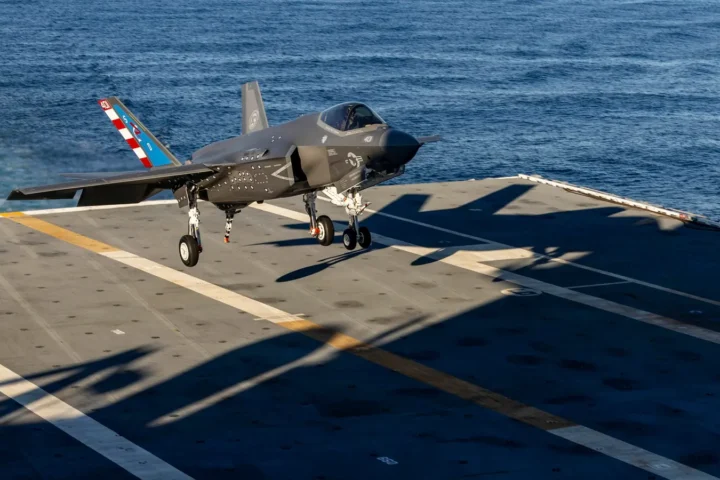 An F-35C Lightning II of test squadron VX-23 making the first F-35C landing on the aircraft carrier John F. Kennedy (CVN 79) in the Atlantic
