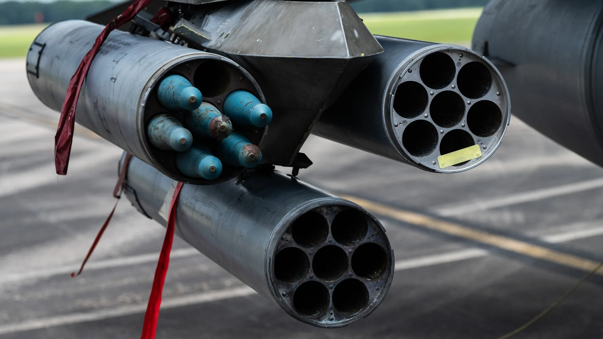 Close view of rocket launchers loaded on a US Air Force F-16 at Shaw Air Force Base in June 2025