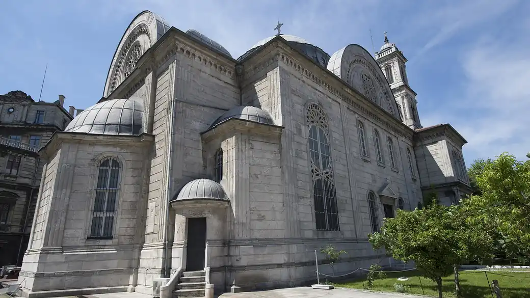 The Greek Orthodox church of Hagia Triada in Beyoglu, Istanbul, seen from its garden
