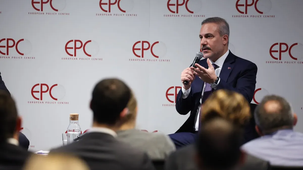 Hakan Fidan answers questions at the European Policy Centre event in Brussels, October 20, 2026