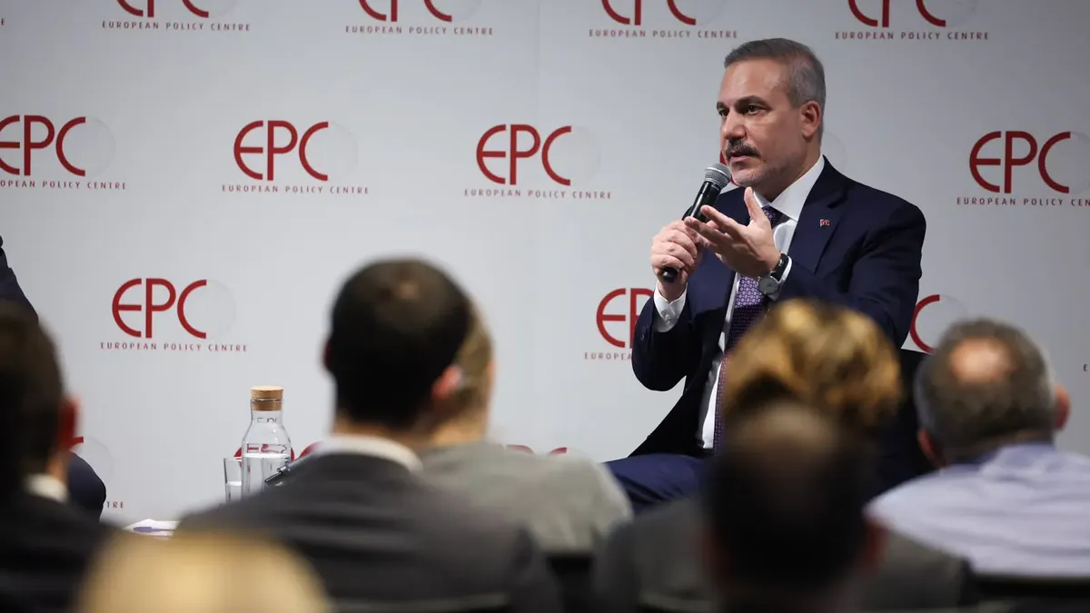 Turkish Foreign Minister Hakan Fidan speaking at an event of the European Policy Centre in Brussels