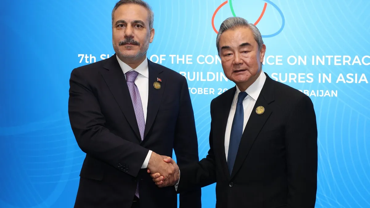 Turkish Foreign Minister Hakan Fidan and Chinese Foreign Minister Wang Yi shake hands in front of a CICA summit backdrop in Baku