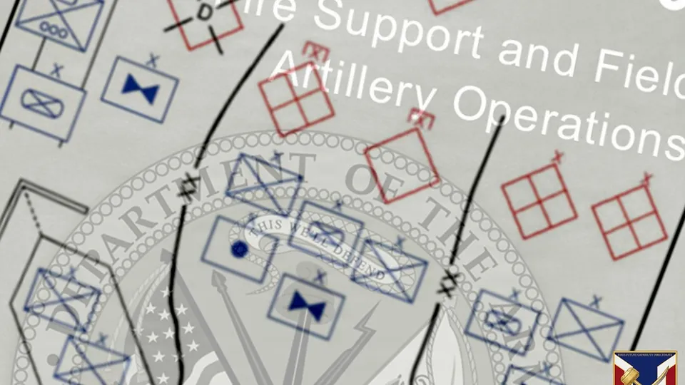 Army graphic showing military unit symbols over a map overlay with the text Fire Support and Field Artillery Operations