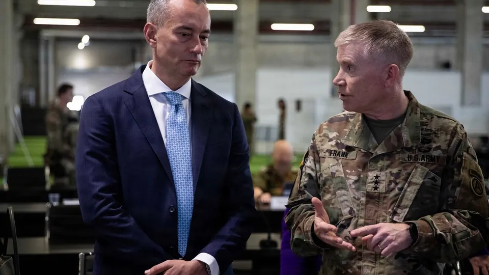 U.S. Army Central commander Lt. Gen. Patrick Frank briefs Nickolay Mladenov at the Civil-Military Coordination Center in Kiryat Gat, Israel