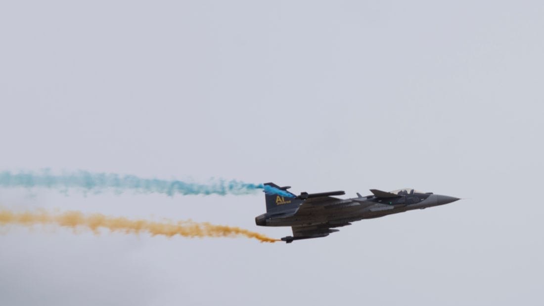 A Saab Gripen E fighter performs at Flygdagarna 2026 in Linköping, Sweden