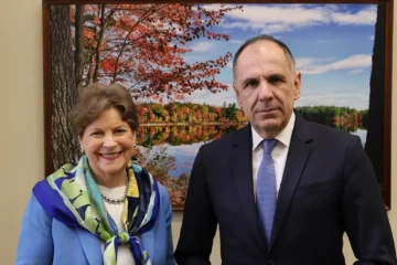 Greek Foreign Minister George Gerapetritis meeting US Senator Jeanne Shaheen in Washington