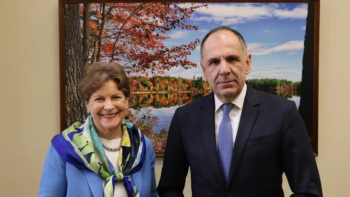 Greek Foreign Minister George Gerapetritis meeting US Senator Jeanne Shaheen in Washington