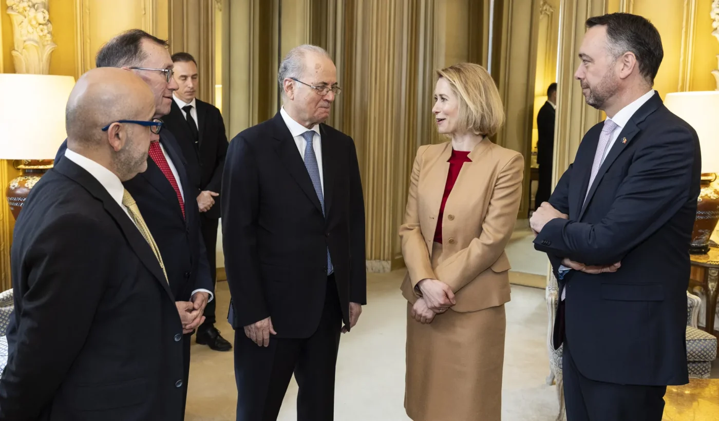 Palestinian Prime Minister Mohammad Mustafa meets Kaja Kallas and other ministers at a two-state solution alliance meeting in Brussels in April 2026.