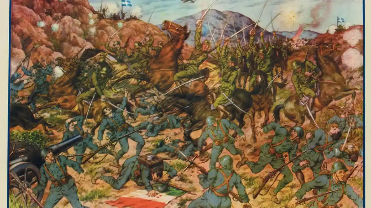 Lithograph by Frixos Aristeus showing the advance of the Greek cavalry before Korytsa in 1940-41