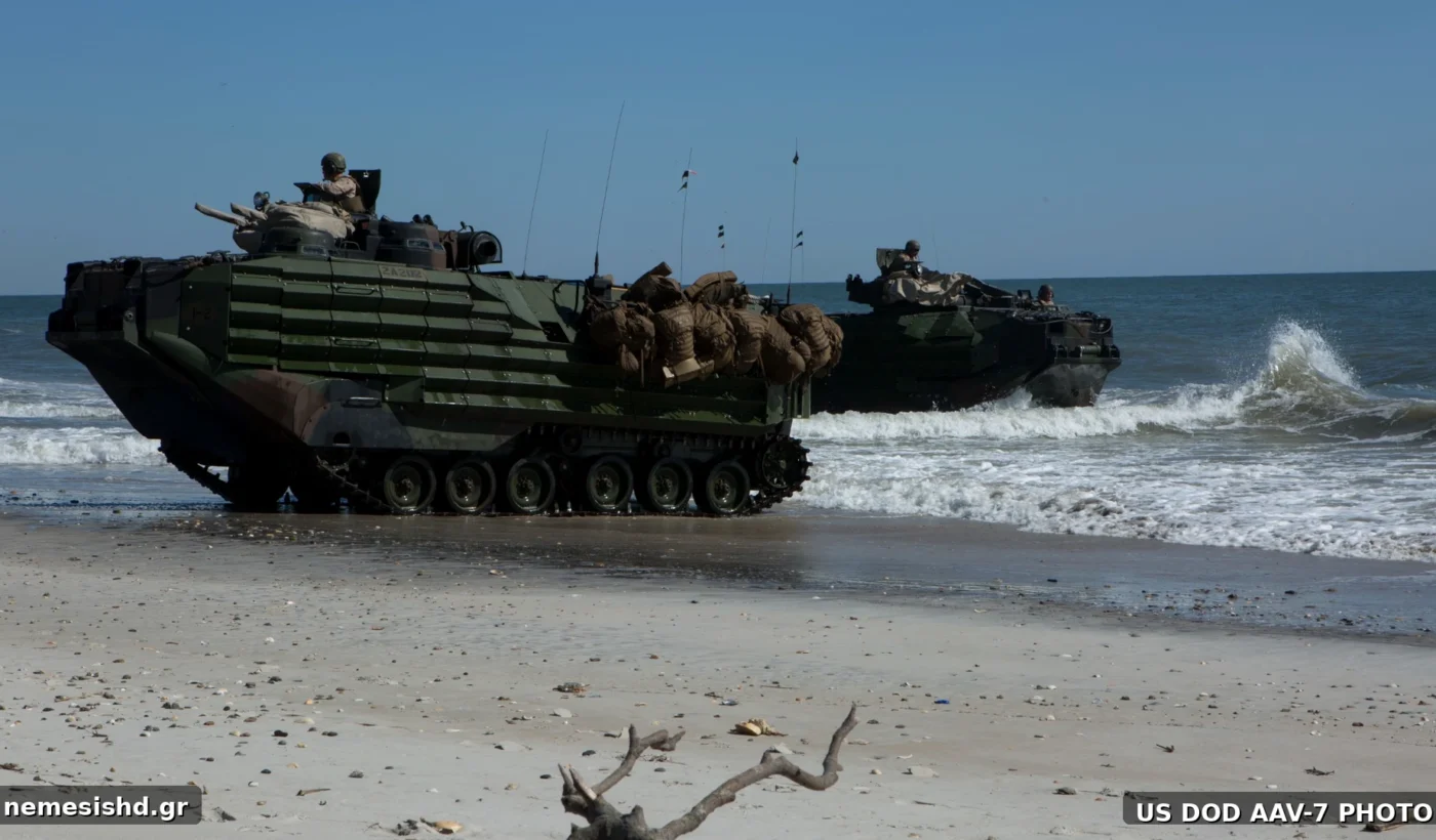 Two U.S. Marine Corps AAV-7A1 amphibious vehicles during a ship-to-shore training movement at Camp Lejeune in 2016