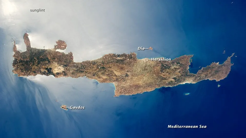 International Space Station photograph of the island of Crete in the Mediterranean, with Gavdos to the south