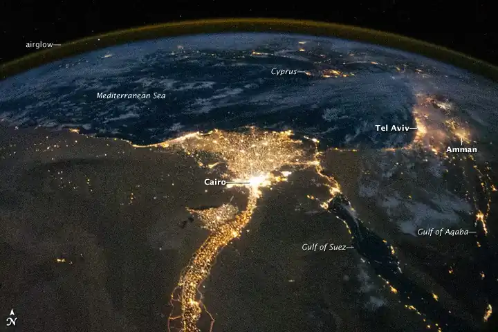 Night view from the International Space Station of the Nile Delta, Cairo and the southeastern Mediterranean