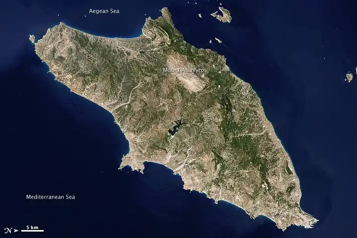 Landsat 5 satellite image of the Greek island of Rhodes in the southeastern Aegean