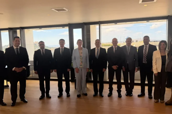 The Greek and Egyptian delegations at the Foreign Ministry in Athens during the third round of consultations on Libya