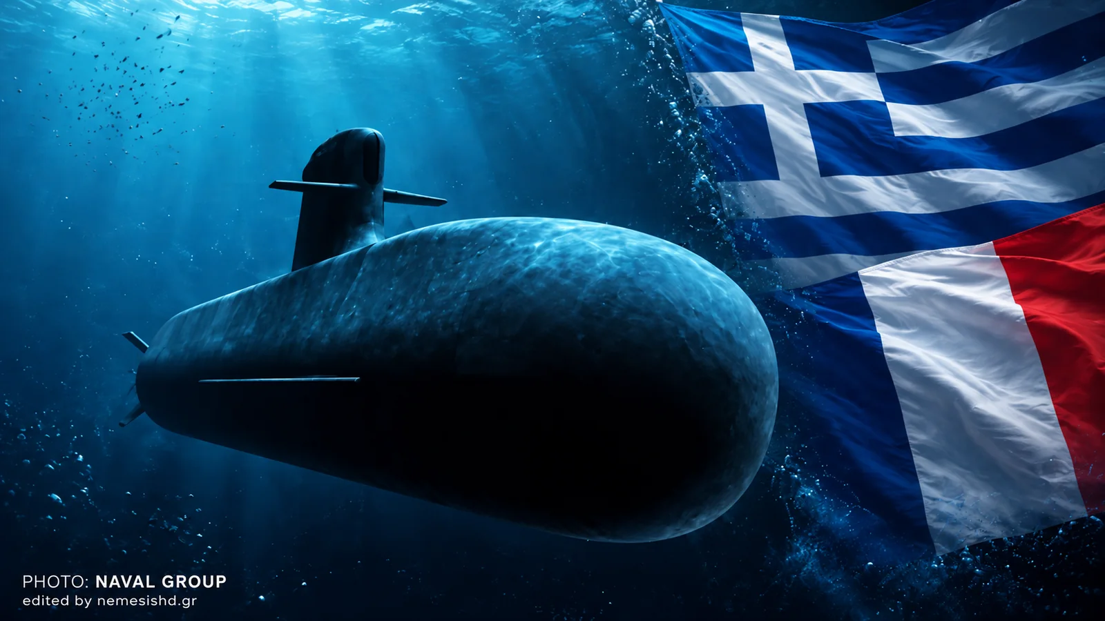 Illustration of a Blacksword Barracuda submarine at sea with Greek and French colours