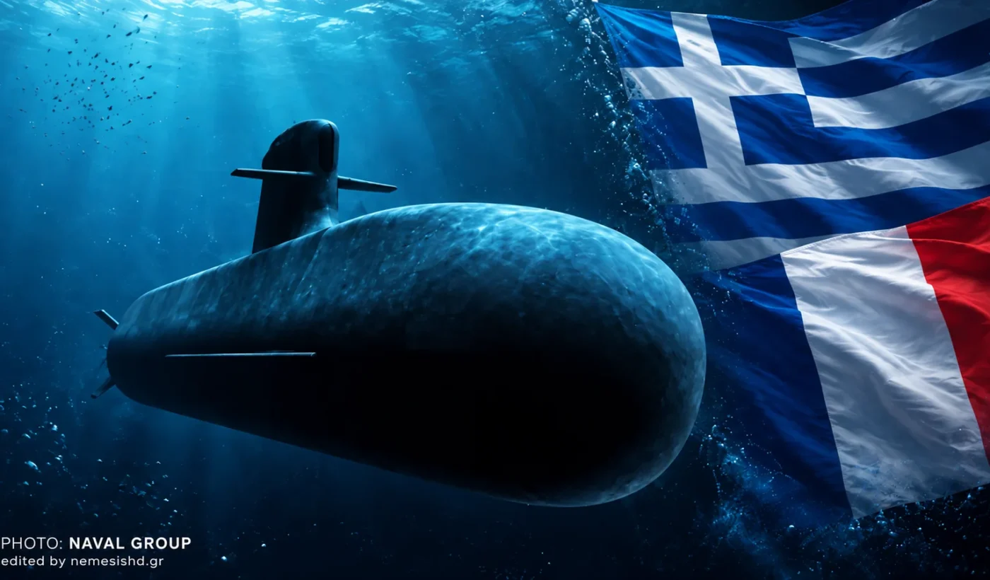 Illustration of a Blacksword Barracuda submarine at sea with Greek and French colours