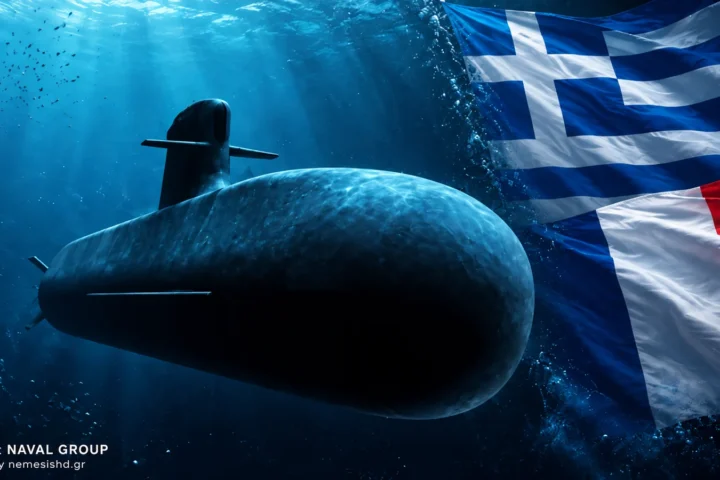 Illustration of a Blacksword Barracuda submarine at sea with Greek and French colours
