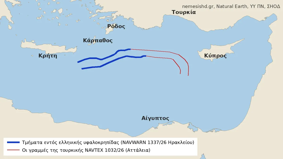 Map showing the survey lines of the KOBI RUEGG south of Crete, with the parts on the Greek continental shelf marked in blue