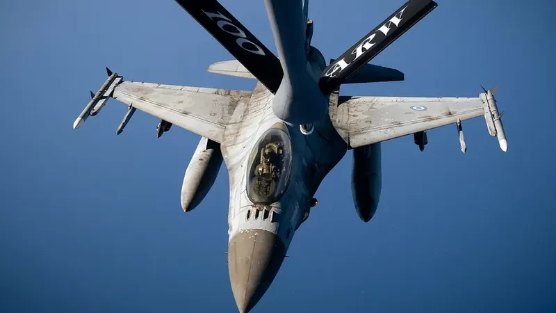 A Hellenic Air Force F-16 refuelling from a U.S. Air Force KC-135 tanker