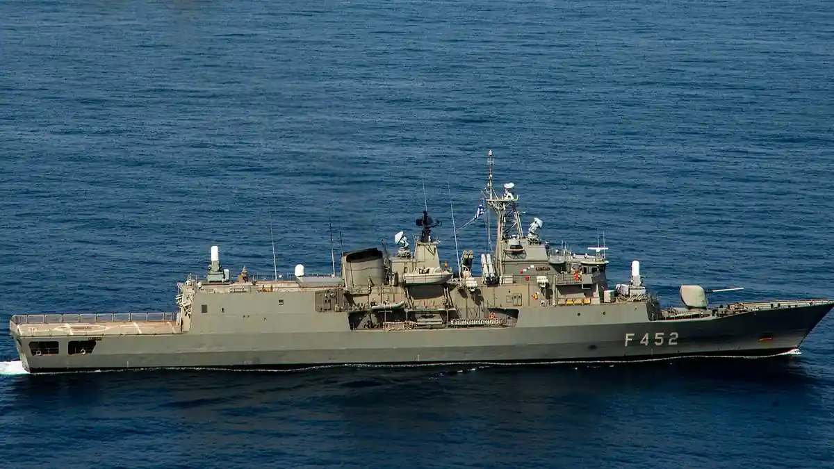 The Hellenic Navy frigate Hydra underway in the Ionian Sea