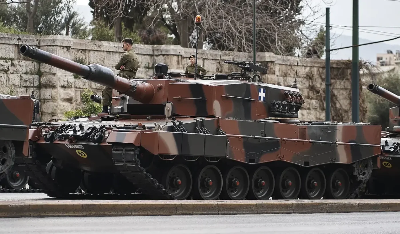 Hellenic Army Leopard 2A4 tank in Athens on March 25, 2024, archive photograph