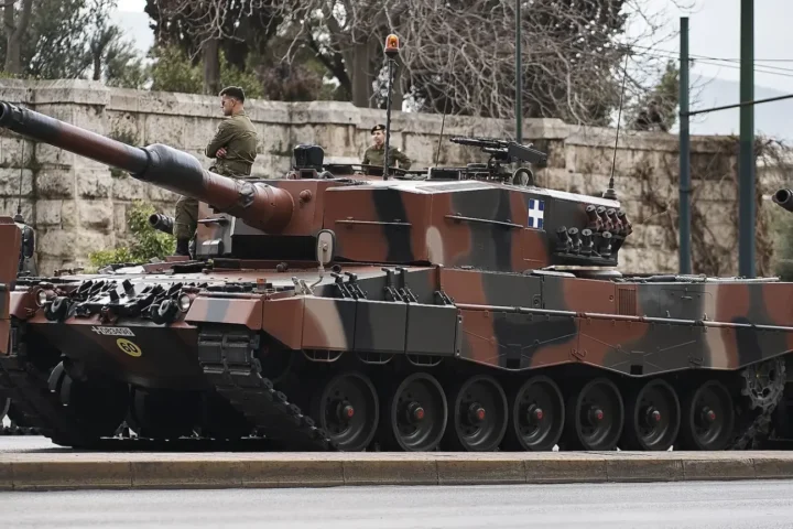 Hellenic Army Leopard 2A4 tank in Athens on March 25, 2024, archive photograph