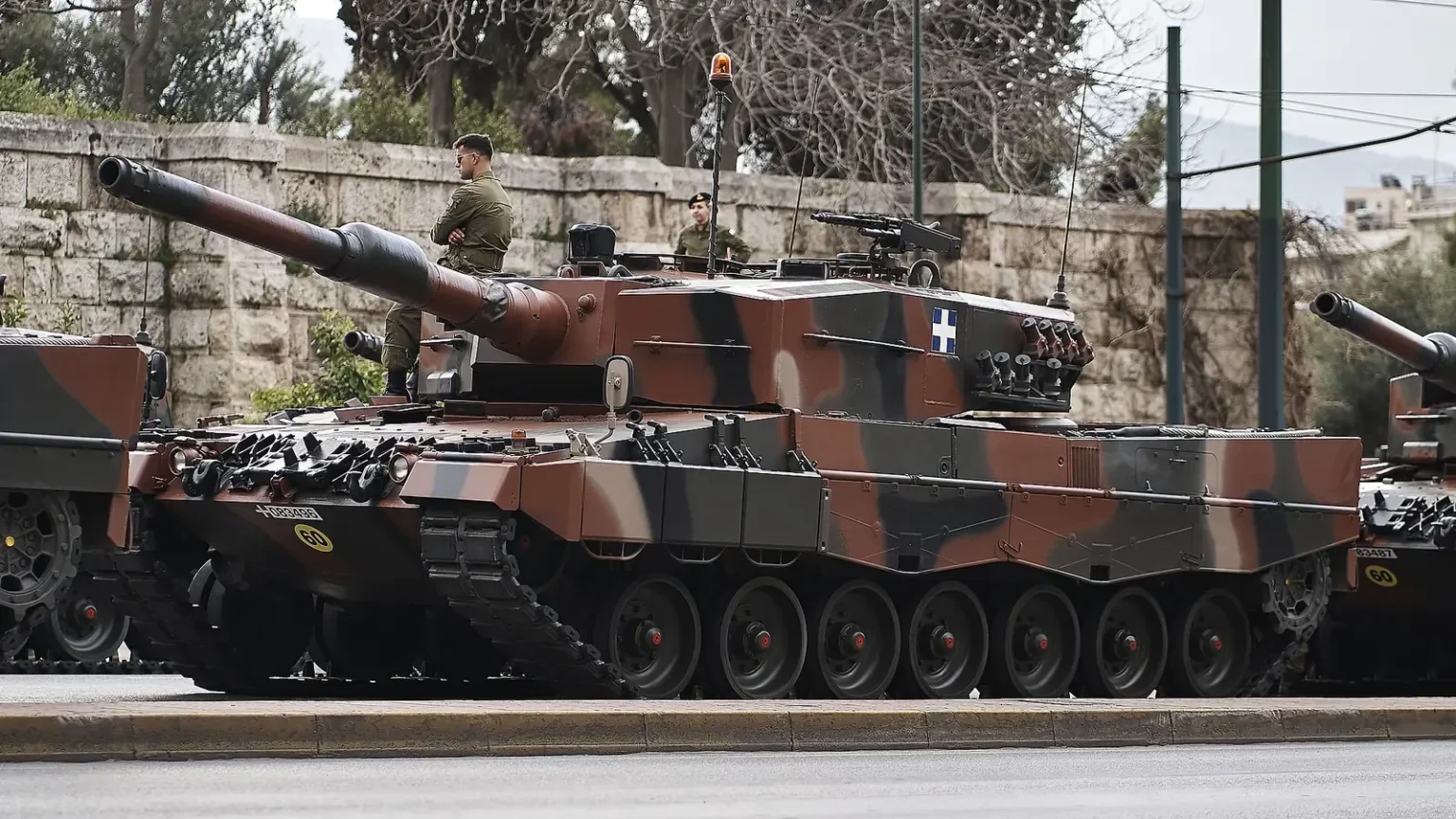 Hellenic Army Leopard 2A4 tank in Athens on March 25, 2024, archive photograph