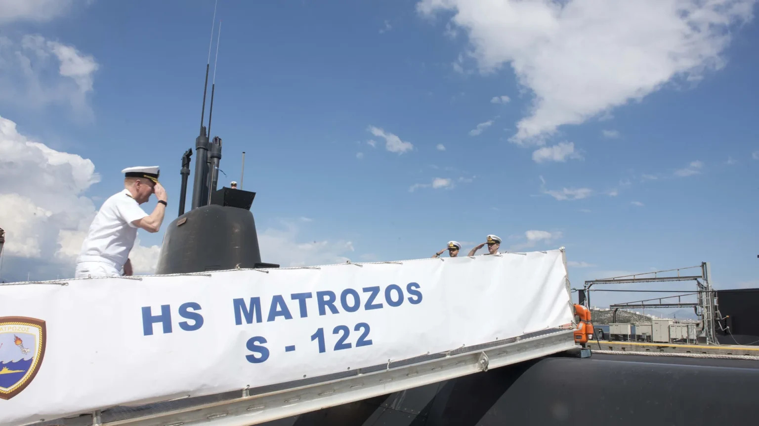 Greek submarine HS Matrozos S-122 at Salamis Naval Base during Admiral James Foggo’s visit, archive May 2018