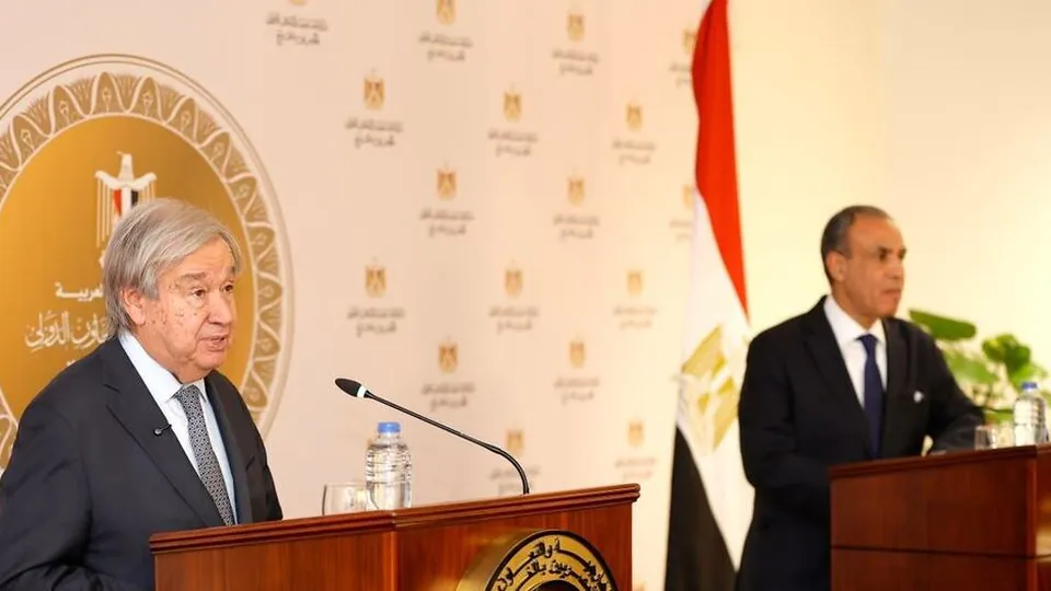 UN Secretary-General António Guterres speaking beside Egyptian Foreign Minister Badr Abdelatty at a press conference in Egypt
