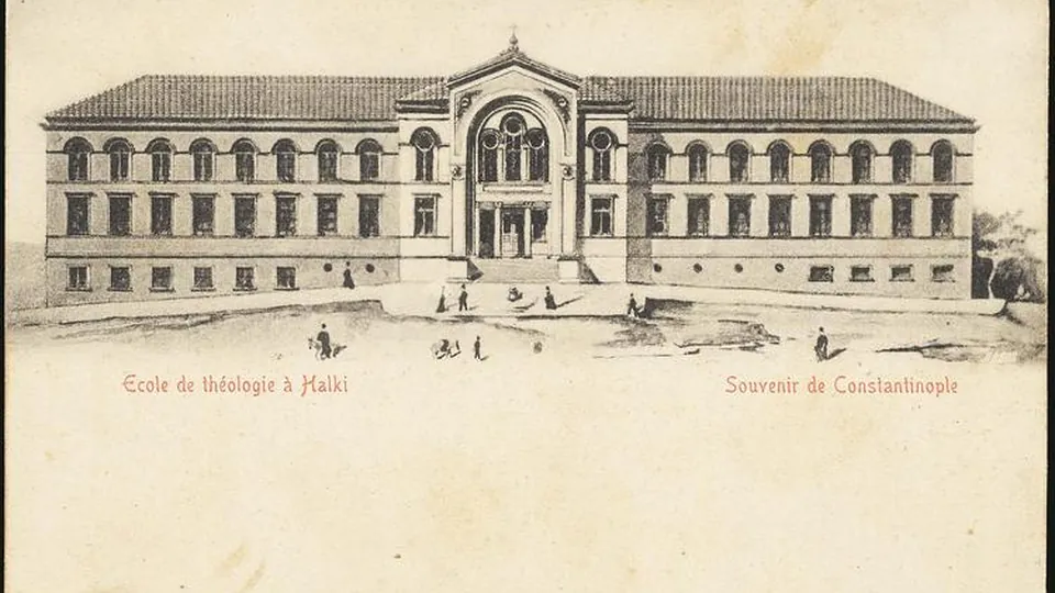 Old postcard showing the Halki Theological School buildings on a hill above the sea