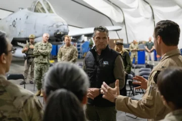 US Secretary of War Pete Hegseth speaking with US service members in the CENTCOM area of responsibility
