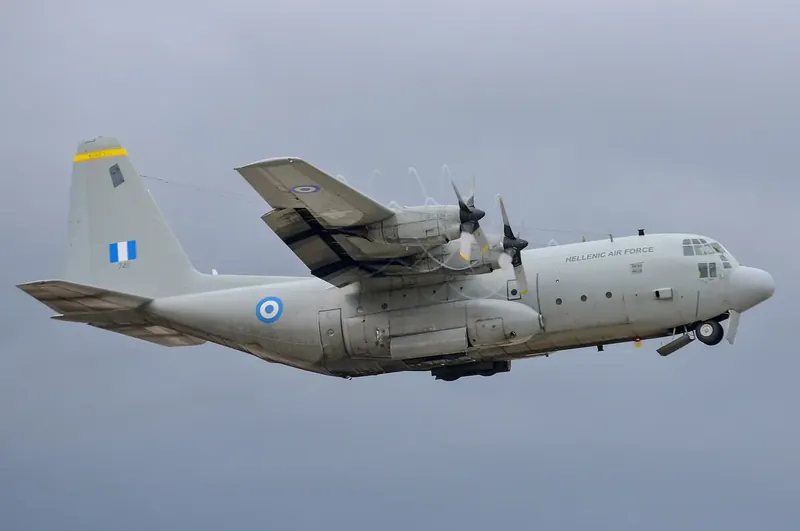 A Hellenic Air Force C-130 Hercules transport aircraft taking off