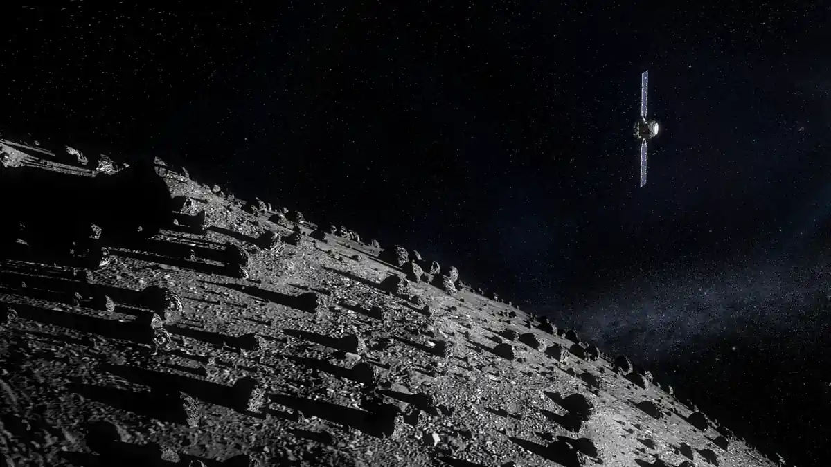 Artist’s impression of the Hera spacecraft approaching the boulder-strewn asteroid Dimorphos