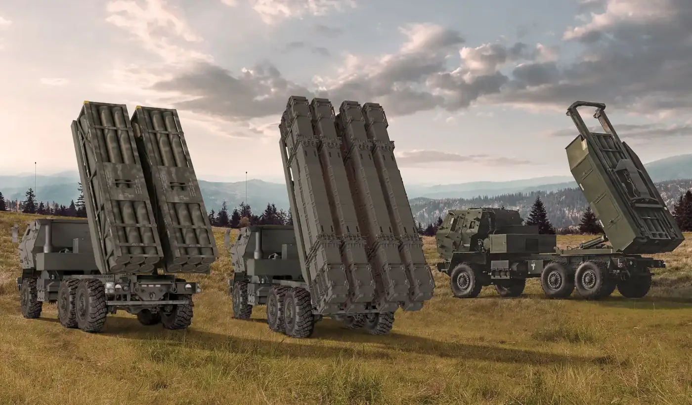 Illustration of three HIMARS FLEX launchers in a field, with twin GMLRS pods, a pod of eight PAC-3 interceptors and a PrSM loadout