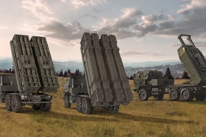 Illustration of three HIMARS FLEX launchers in a field, with twin GMLRS pods, a pod of eight PAC-3 interceptors and a PrSM loadout