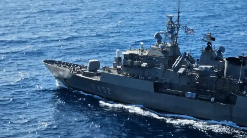 The Hellenic Navy frigate Hydra at sea in the Red Sea during operation Aspides