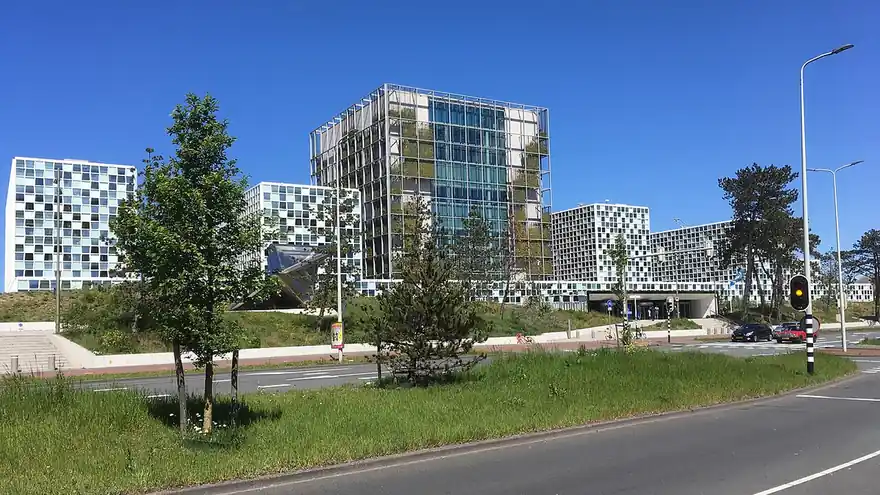 The glass and steel headquarters of the International Criminal Court in The Hague