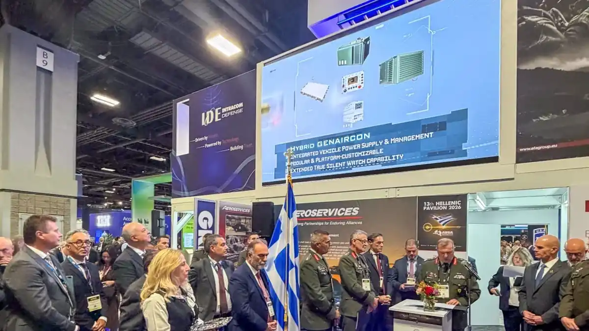 The Greek pavilion at AUSA 2026 with Intracom Defense's Hybrid GENAIRCON on screen