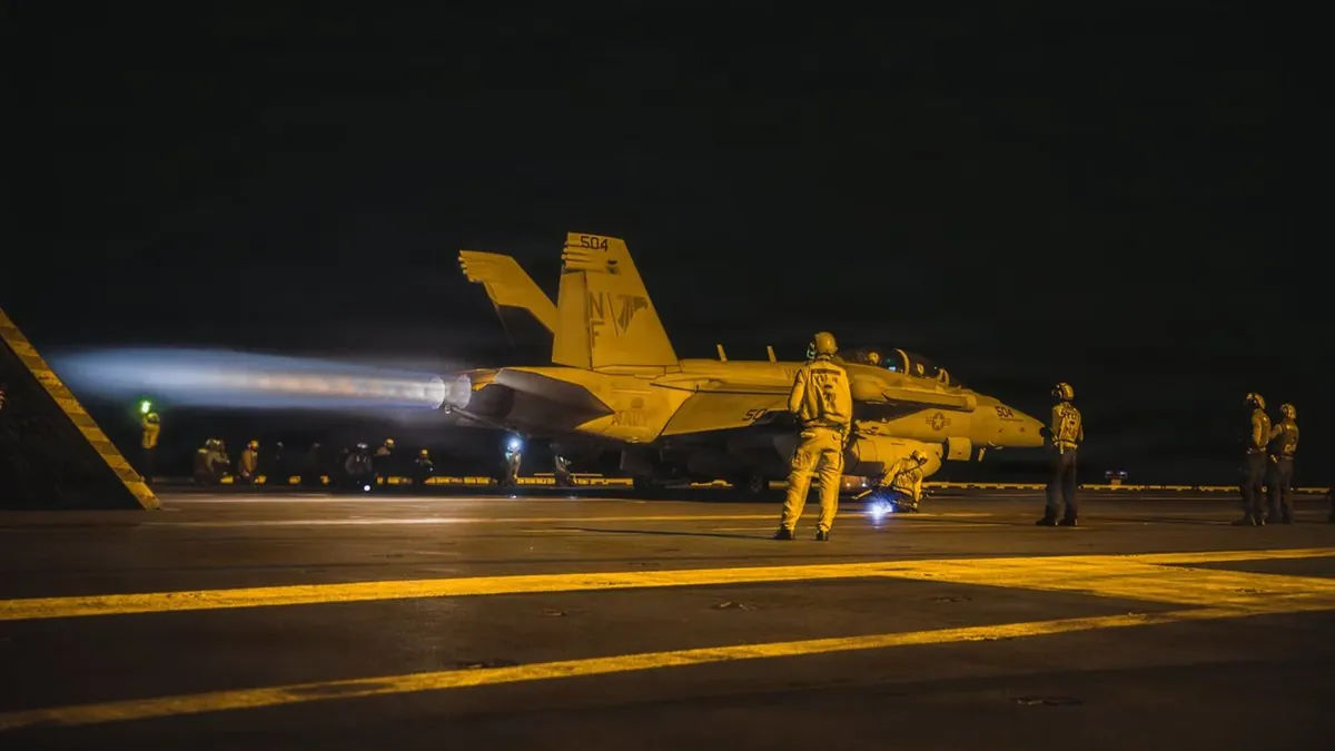 An EA-18G Growler taking off from the aircraft carrier USS George Washington