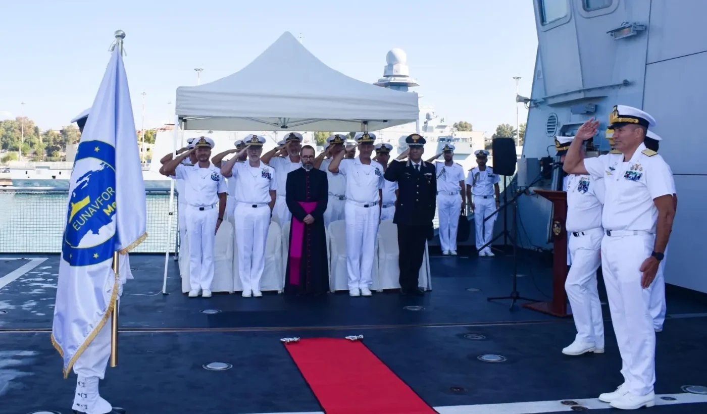 Officers at the ceremony handing over the command at sea of the EU naval operation IRINI at the Taranto naval base