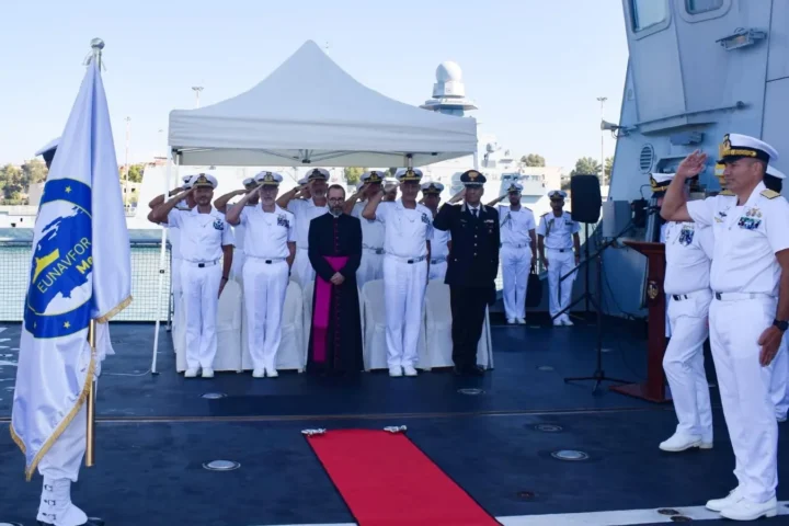 Officers at the ceremony handing over the command at sea of the EU naval operation IRINI at the Taranto naval base
